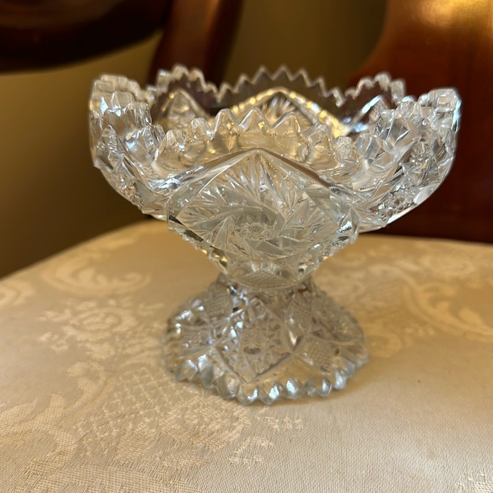 Vintage EAPG McKee glass Aztec design pressed glass compote, candy dish